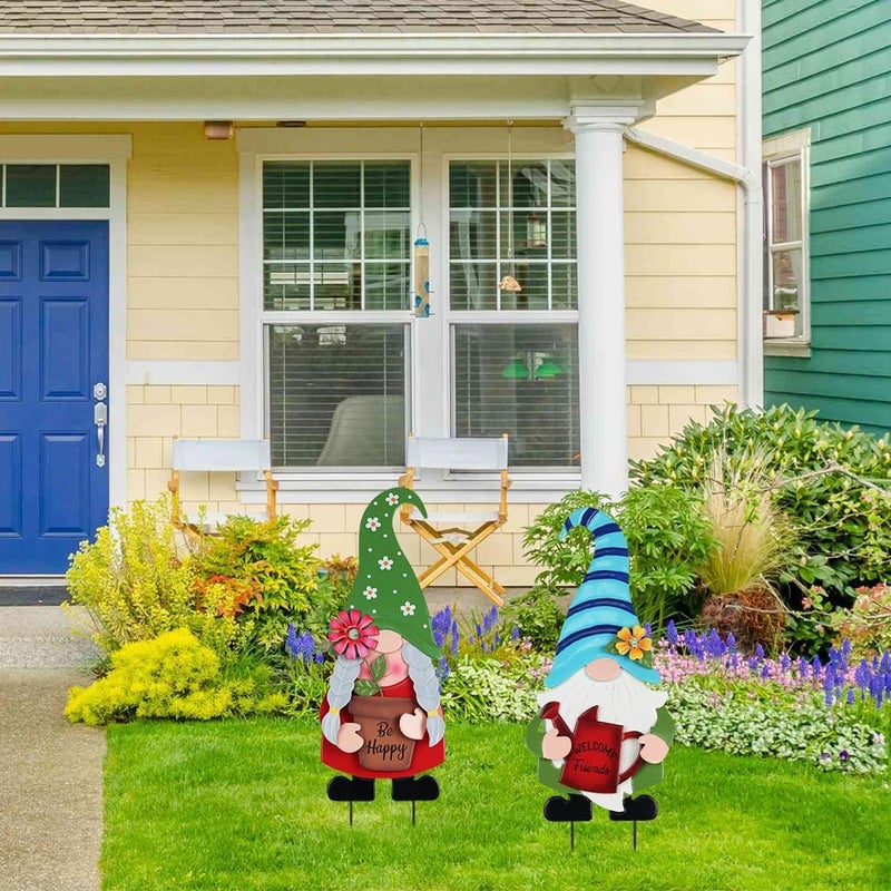 YEAHOME Garden Decor for Outside, Set of 2 Metal Gnomes 27.6” Decorative Garden Stakes with Flowers for Spring Decor, Yard Art Stakes for Outdoor Lawn Backyard Porch Garden Decorations - Image 2